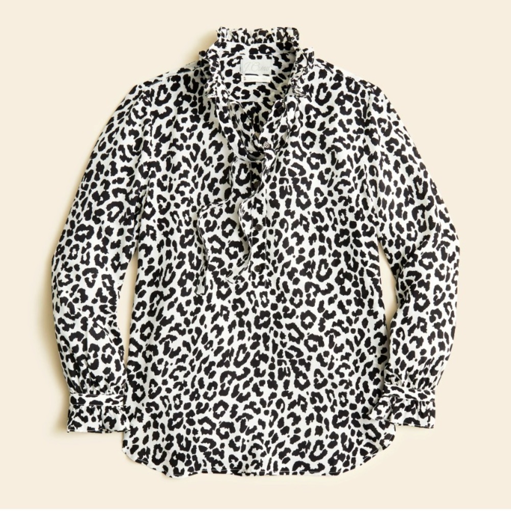 J. Crew Classic Fit Ruffleneck Popover Shirt in Bold Leopard Size 4